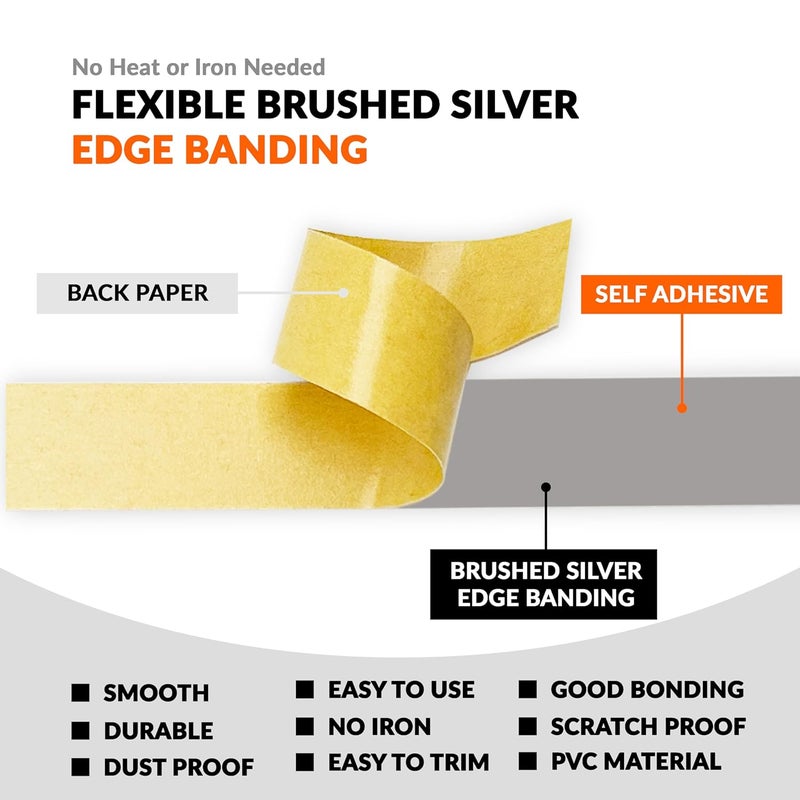 LEAFLEX Brushed Silver 1 inch x 25 feet PVC Edge Banding Peel Stick Tape Adhesive Metal Edging Veneer Furniture Aluminum Trim MDF Wood Cabinet Flexible Strip Molding Laminate Shelf Countertop Formica Plywood - Image 3